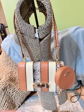 Aldo Tan, Cream & Snake-Print Striped Crossbody with Coin Pouch